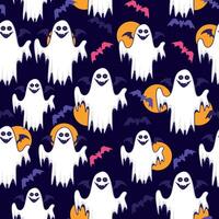 Halloween Seamless Pattern with Cute Ghost and Bats in Hand Drawn Style. Spooky cartoon character. Ghost icon. Playful night spirit with decorations. perfect for cards, patterns, print, web vector