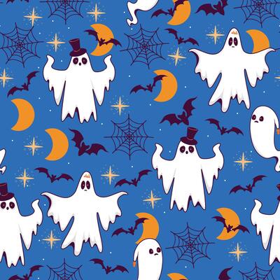 Halloween Seamless Pattern with Cute Ghosts, Stars, Moon, Bats and Spider Web in Hand Drawn Style. Spooky cartoon character. Ghost icon. Playful night spirit with decorations. perfect for cards