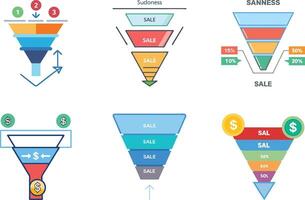 Six icon Sales funnel infographics displaying conversion rates and stages of a customer journey vector