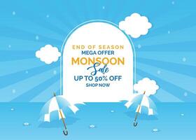 Monsoon sale banner template with paper cut clouds, colorful umbrella, and raindrops on blue background. Overcast sky design with space for text. illustration vector