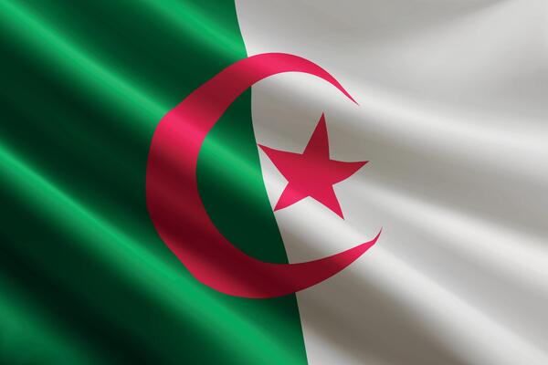 Algeria flag waving in the wind, detailed silk texture