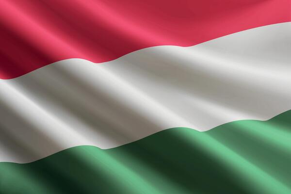 Hungary flag waving in the wind, detailed silk texture