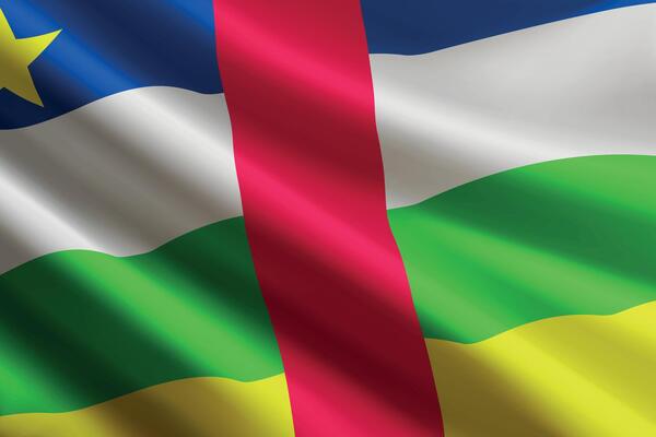 Central African Republic flag waving in the wind, detailed silk texture