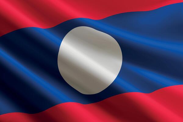 Laos flag waving in the wind, detailed silk texture
