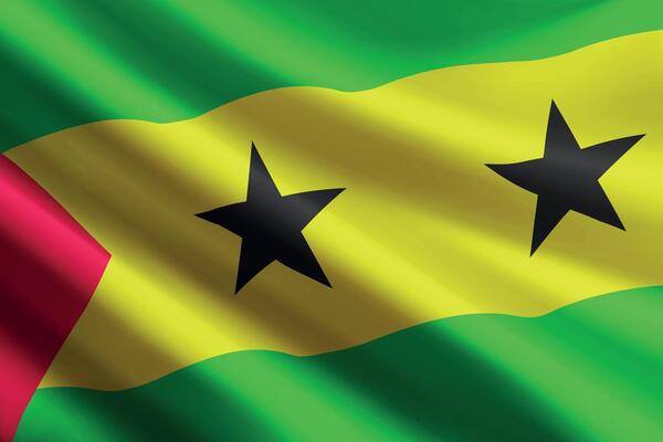 Sao Tome and Principe flag waving in the wind, detailed silk texture