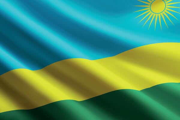 Rwanda flag waving in the wind, detailed silk texture