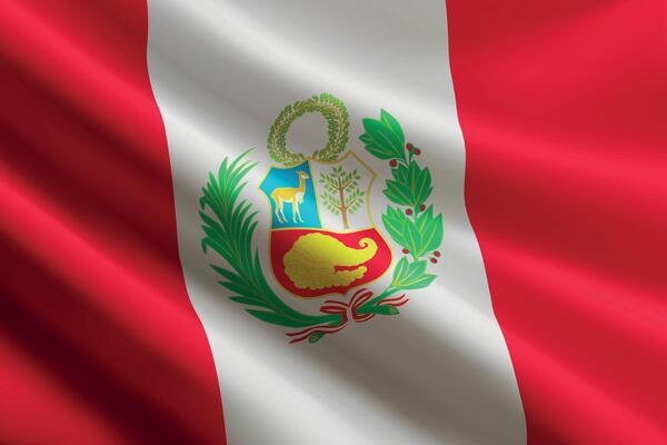 Peru flag waving in the wind, detailed silk texture