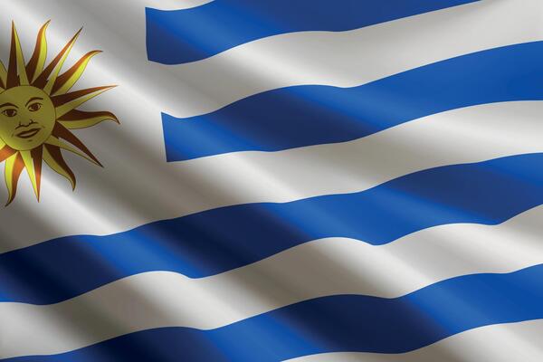 Uruguay flag waving in the wind, detailed silk texture