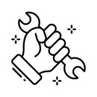 Modern outline style icon depicting hand holding spanner. vector