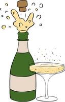 Champagne bottle with glass composition isolated. graphic line ink illustration. pop open with cork and drinking glass simple Design for package, cosmetic, textile, cards. vector
