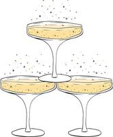 Champagne Glass with Splashes composition isolated. graphic line ink illustration. Perfect for cards, decorations, stickers, logo, menu, various designs. vector