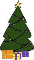 Christmas tree with lights and present boxes composition isolated. graphic line ink illustration. Perfect for cards, decorations, stickers, logo, menu, various designs. vector