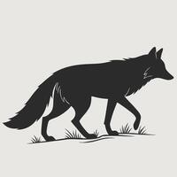 A silhouette of a wolf walking across grass on a light gray background in a simple illustration vector