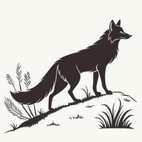 A silhouette of a fox standing on a hill with grass and plants in a simple flat illustration vector
