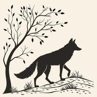 Silhouette of a wolf walking on a hill near a tree with leaves and footprints on the ground in black vector