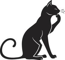 A black cat silhouette sitting and grooming its paw with a curled tail on a white background vector