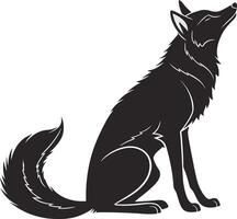 Black silhouette of a wolf sitting and howling with its head raised up against a white background vector