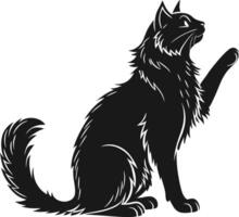 A black silhouette of a long haired cat sitting up with its paw raised on a white background vector