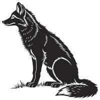 A black silhouette of a fox sitting on grass with a fluffy tail and pointed ears facing left side vector