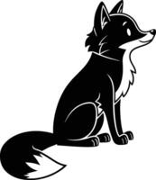 A black and white illustration of a fox sitting and looking to the right with a fluffy tail and ears vector