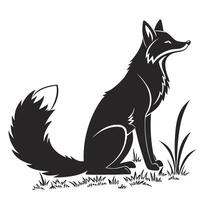 A black silhouette of a fox sitting in grass with a white background in a simple style vector