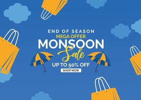 Monsoon sale offer banner template with paper cut clouds, colorful umbrella, and raindrops on a blue background. Overcast sky theme with space for text illustration vector