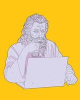 illustration of a classical statue-style man with long hair and beard using a laptop. Surreal digital artwork blending ancient wisdom with modern technology. Perfect for creative design themes vector