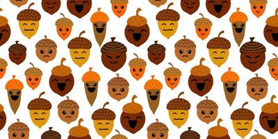 happy and sad acorns pattern emotional cartoon nuts in colorful autumn palette on white backdrop funny seamless texture for children and nursery design vector