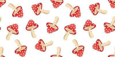 fly agaric mushrooms seamless pattern vibrant red and white toadstools on clean background whimsical nature design vector