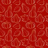 chic decorative texture for Thanksgiving with delicate golden lines of pumpkin and various autumn leaves seamless autumn pattern red background vector