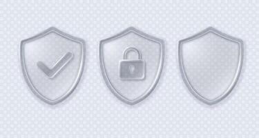 Set of shields with approval check mark and closed padlock in transparent glass style. vector