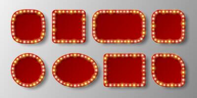 Red retro shields signs of different shapes with glowing yellow neon lights and shadows isolated on light background. vector