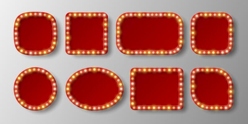 Red retro shields signs of different shapes with glowing yellow neon lights and shadows isolated on light background.