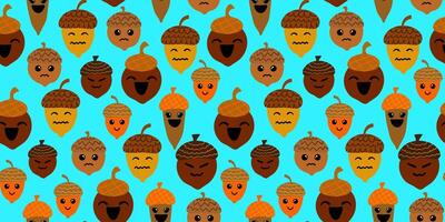 seamless pattern with cute acorn emoji faces autumn nut characters in kawaii style on bright blue background fall kids digital paper for thanksgiving vector