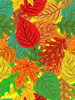abstract natural wallpaper with various tree leaf shapes in red yellow green and orange seasonal textile print