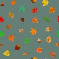 fall season seamless pattern with scattered colorful autumn leaves and acorns on a muted grey background for natural design vector