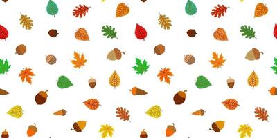 diverse foliage seamless pattern with scattered colorful autumn leaves acorns nuts cheerful warm decorative backdrop for september october november vector