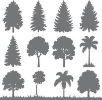 Twelve Gray Tree Silhouettes Collection Various Types Coniferous Deciduous Palm Trees Nature Graphic Design Elements vector
