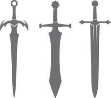Three Gray Sword Silhouettes Different Designs Medieval Fantasy Weaponry Set Simple Flat Illustration vector