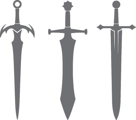 Three Gray Sword Silhouettes Different Designs Medieval Fantasy Weaponry Set Simple Flat Illustration