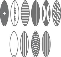 Twelve Grey and White Surfboard Silhouettes with Varied Designs Collection of Paddleboard Icons Graphic Elements for Water Sports Branding vector