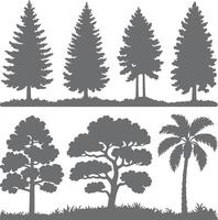 Gray Silhouette Collection Diverse Trees Forest Landscape Design Elements Set Various Shapes Coniferous Deciduous Palm Trees Grass Background vector