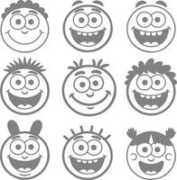 Nine Gray Cartoon Character Faces Smiling Joyful Expressions Large Eyes Happy Silhouettes Childlike Fun vector