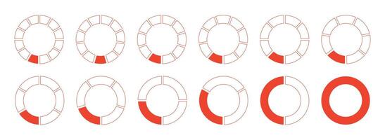 Circles divided diagrams 1, 2, 3, 10, 7, 8, 9, 10, 11, 12 equal parts. Graph pie, pizza shape section charts icons. Coaching blank flat template. Set of red segments wheel round divide infographic. vector