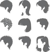 Nine Gray Hairstyle Silhouettes Collection Various Womens Hair Styles Side Profile Views Abstract Gray Scale Graphic Design Elements vector