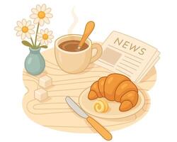 breakfast in a european cafe with a newspaper, coffee, a croissant with butter and daisies in a vase, delicate colors vector