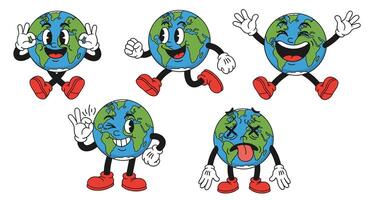 Cartoon Earth Characters Showing Happy Energetic Confident and Exhausted Expressions in Various Poses vector