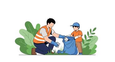 Community Cleanup Efforts A Father and Son Volunteering Together to Pick up Trash vector