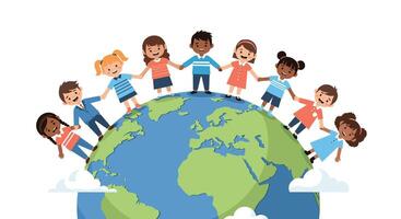 Celebrating Unity and Diversity Around the World Kids Holding Hands on the Globe vector