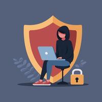 Flat Illustration Cybersecurity Awareness Month Hacker Using Laptop Password Lock Shield vector